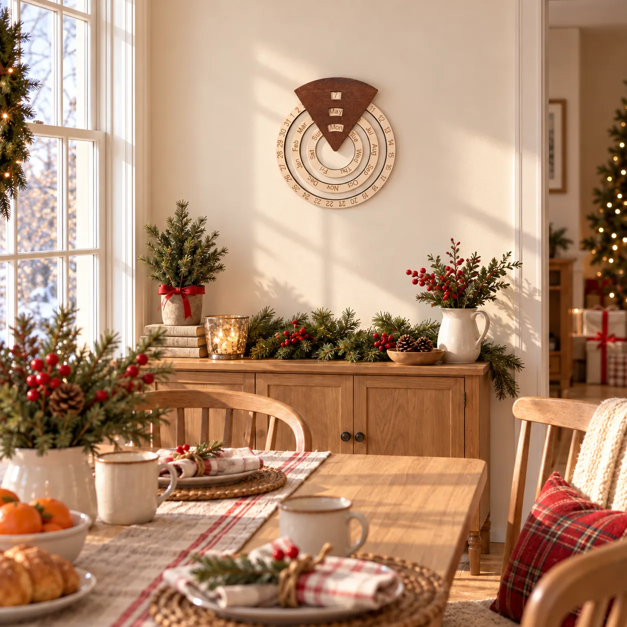 Two-tone wooden perpetual calendar in a bright Christmas breakfast nook