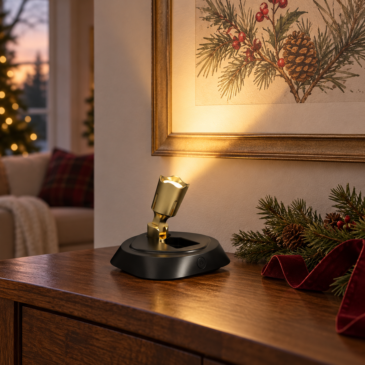 Accent spotlight on a holiday console and framed art