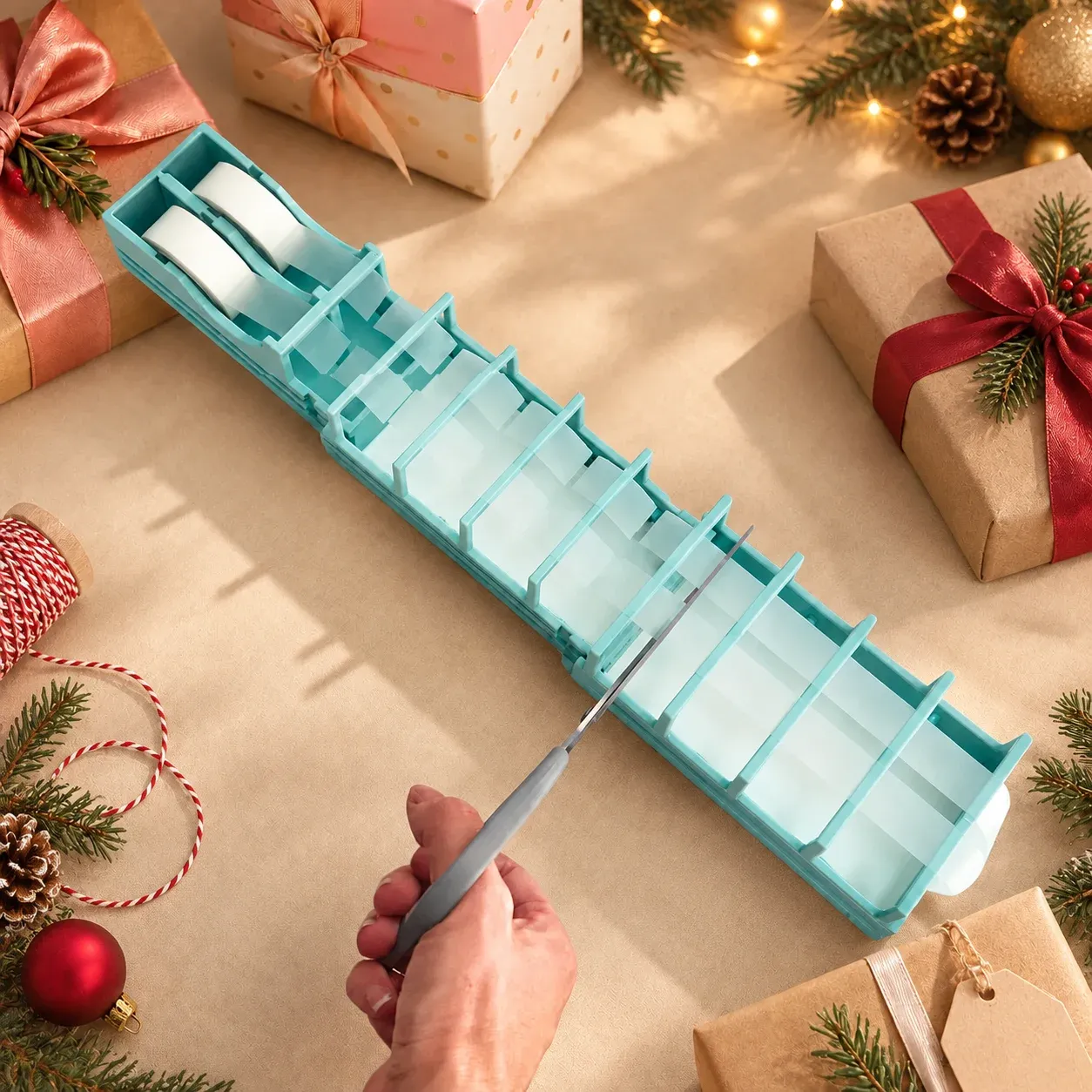 Tape station on a holiday gift-wrapping table with ribbon and evergreen accents