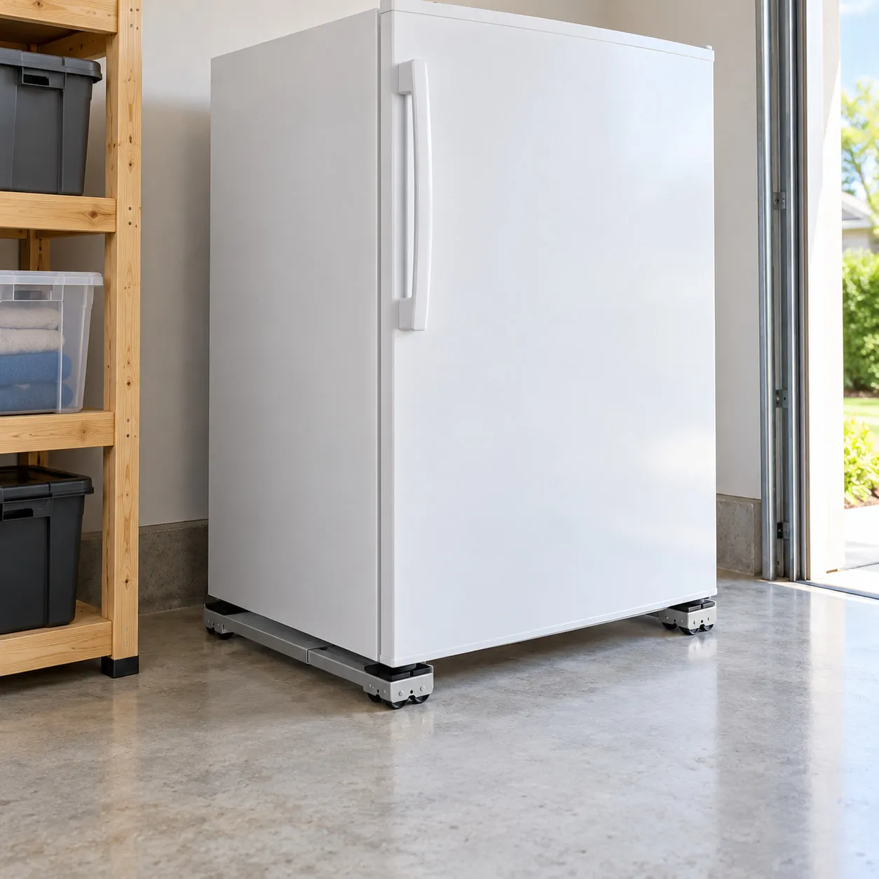 Upright freezer supported by gray moving rails in a garage