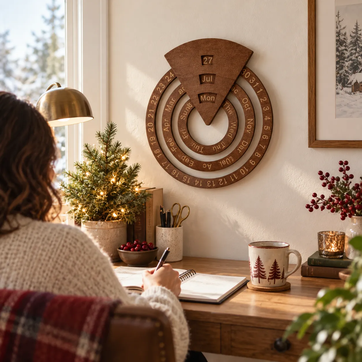 Dark wooden perpetual calendar above a cozy Christmas home-office desk