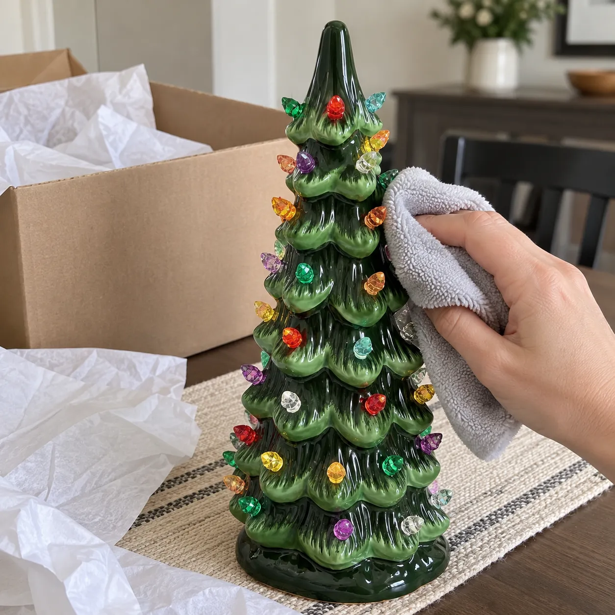 Ceramic tree being cleaned with a soft dry cloth before storage