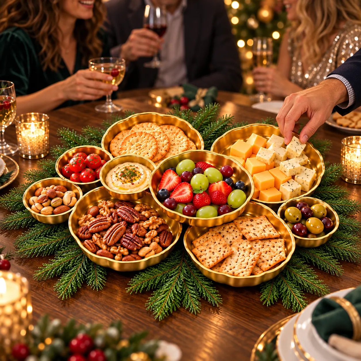 Holiday table with five pine stems laid underneath the golden bowl cluster