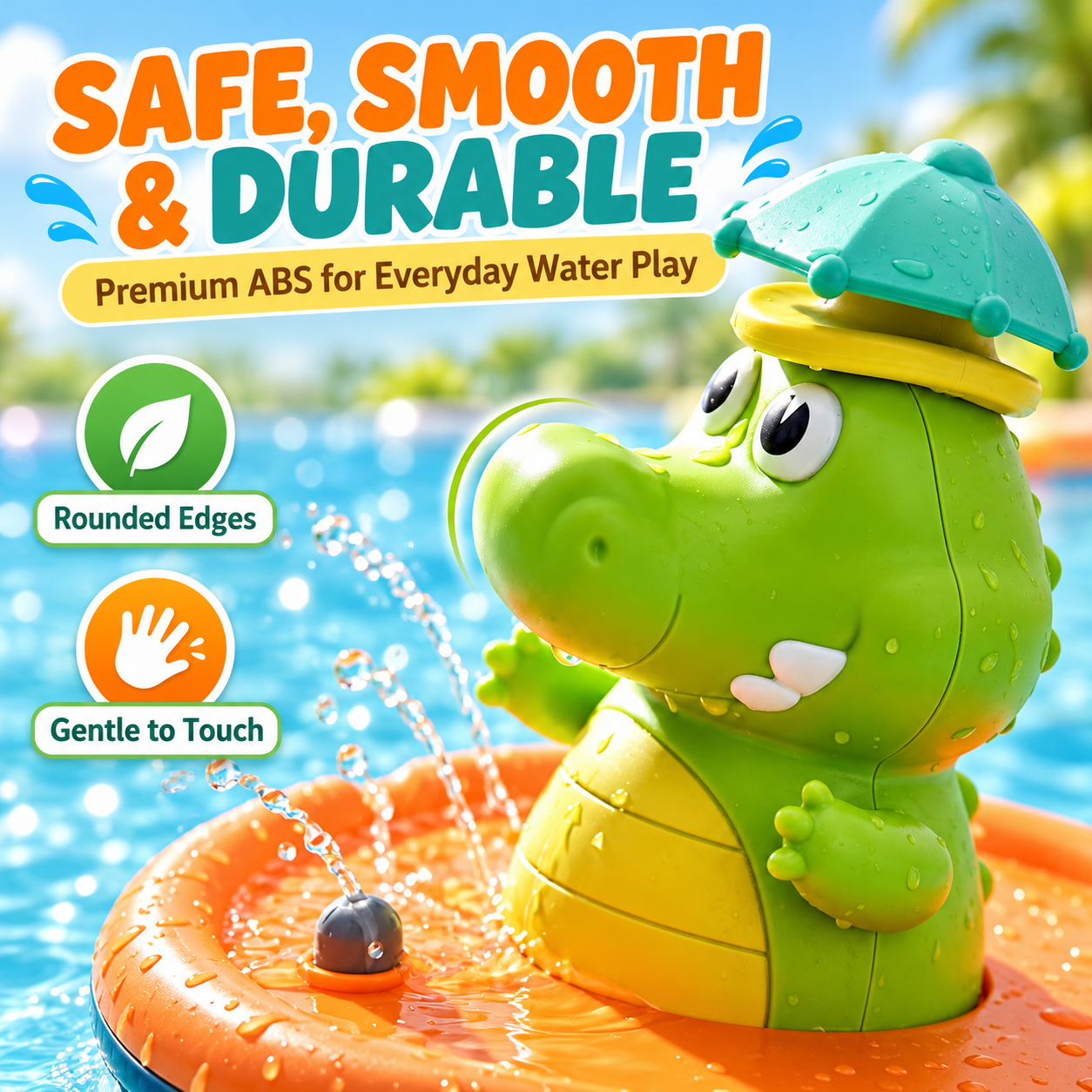Rounded crocodile bath toy surface and water-play design