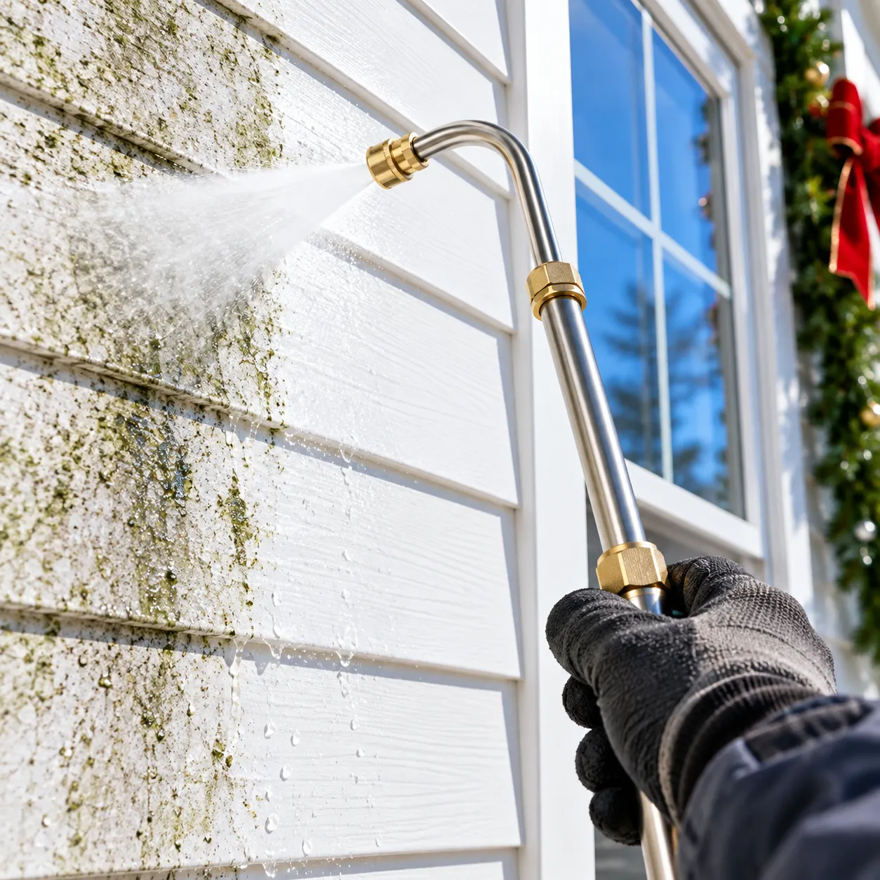 Close-up cleaning pass across upper exterior siding