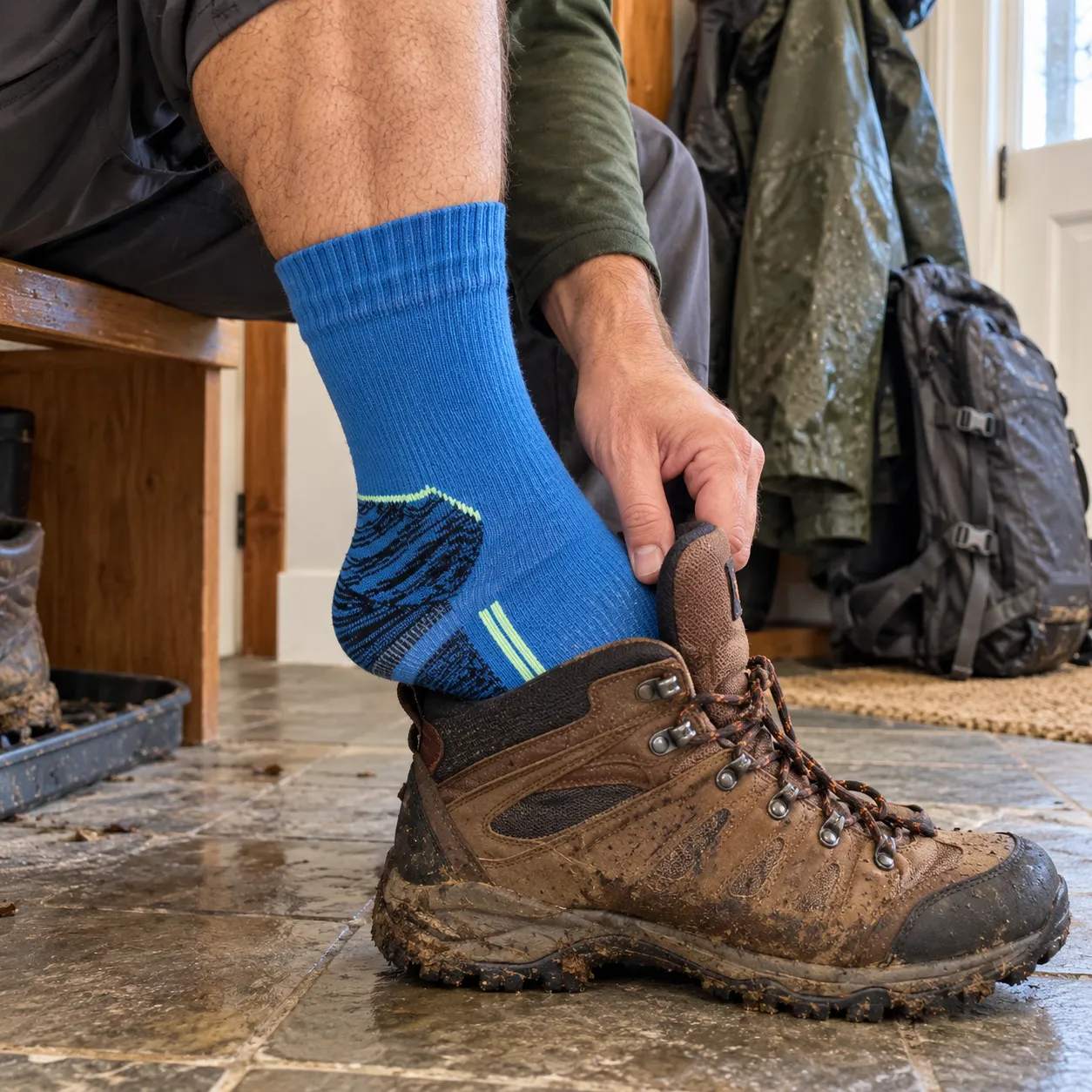 Man putting a hiking boot over a blue waterproof crew sock