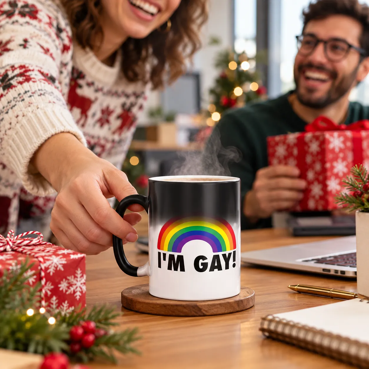 Using the revealed mug during an office holiday gift exchange