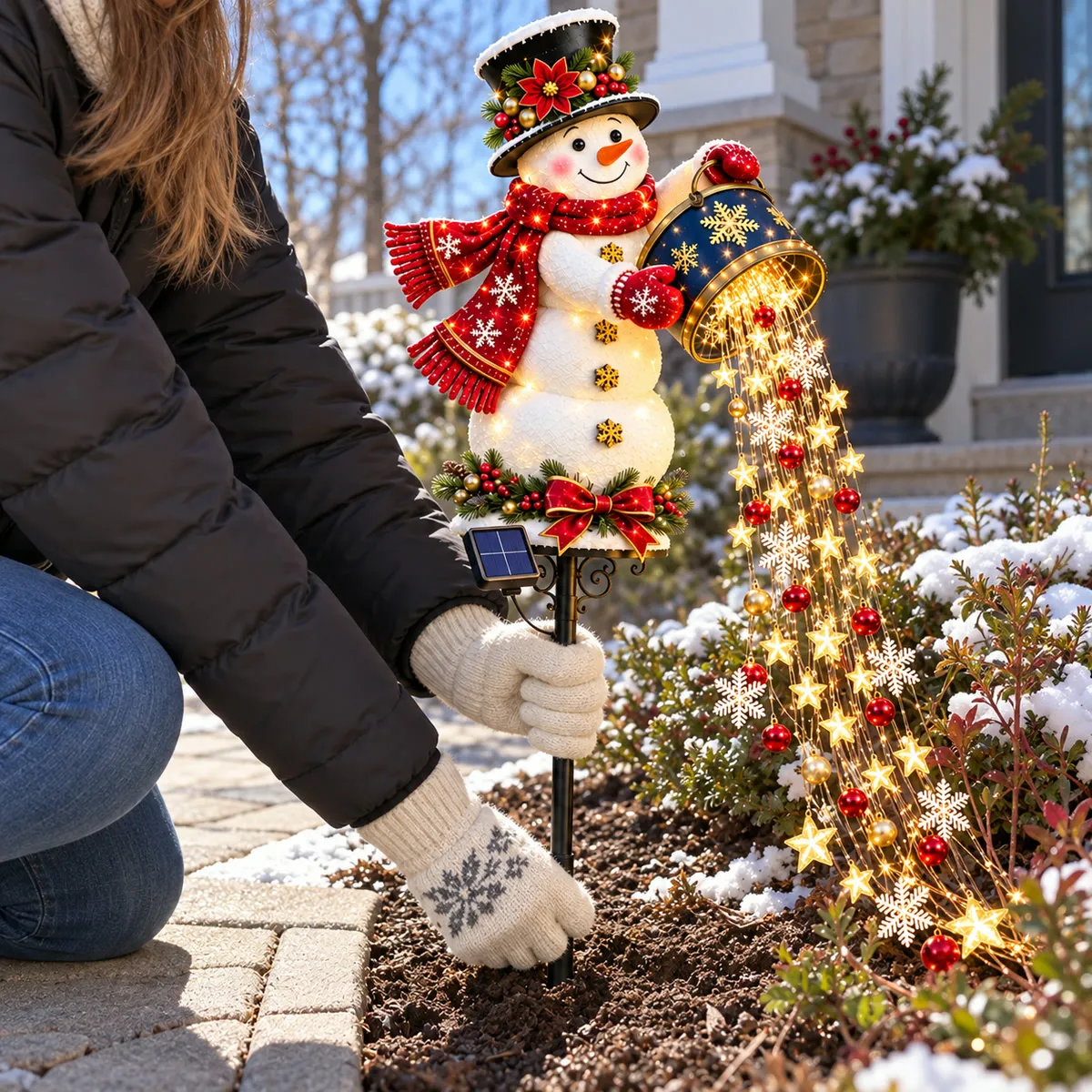 Hands installing the snowman garden stake in firm soil