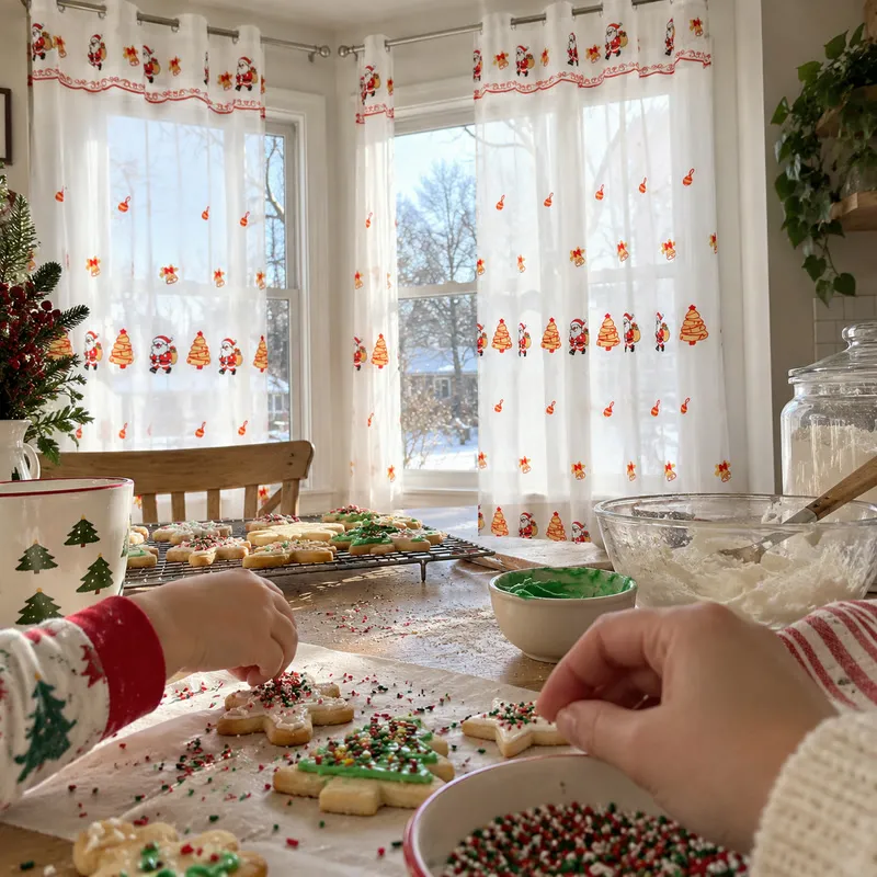 Christmas sheer curtain used as a festive family-room backdrop