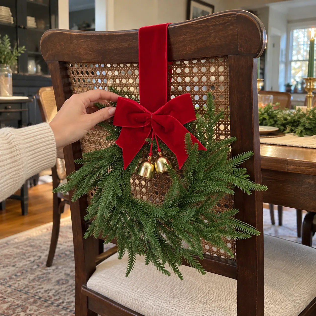Norfolk pine bell wreath on a dining chair