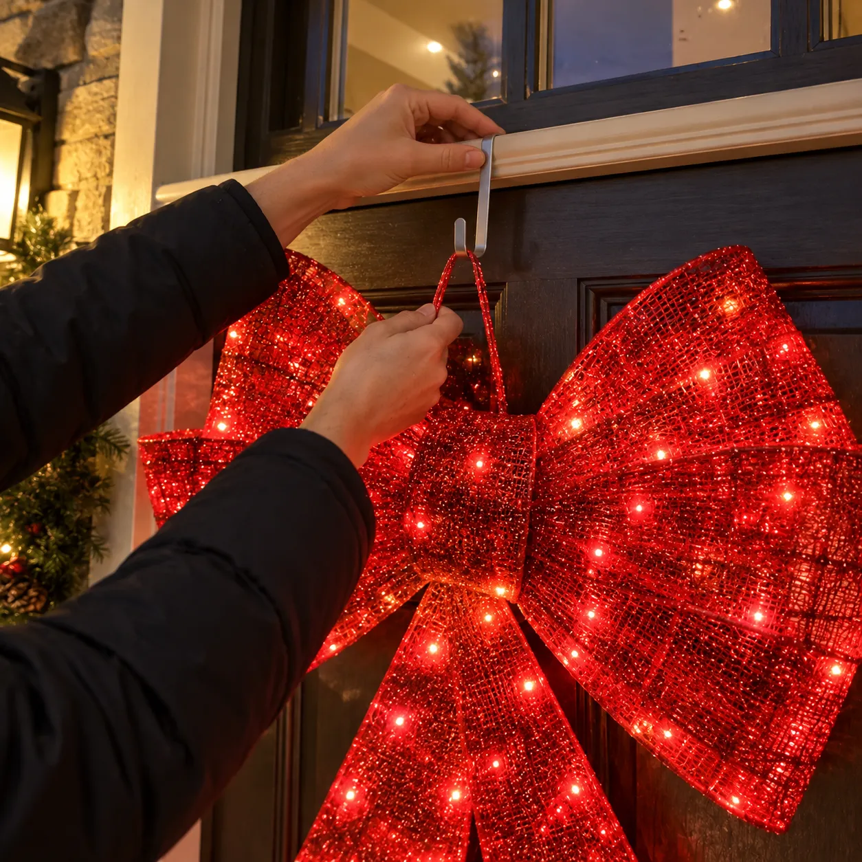 Hände hängen die beleuchtete Weihnachtsschleife mit einem Metallhaken auf