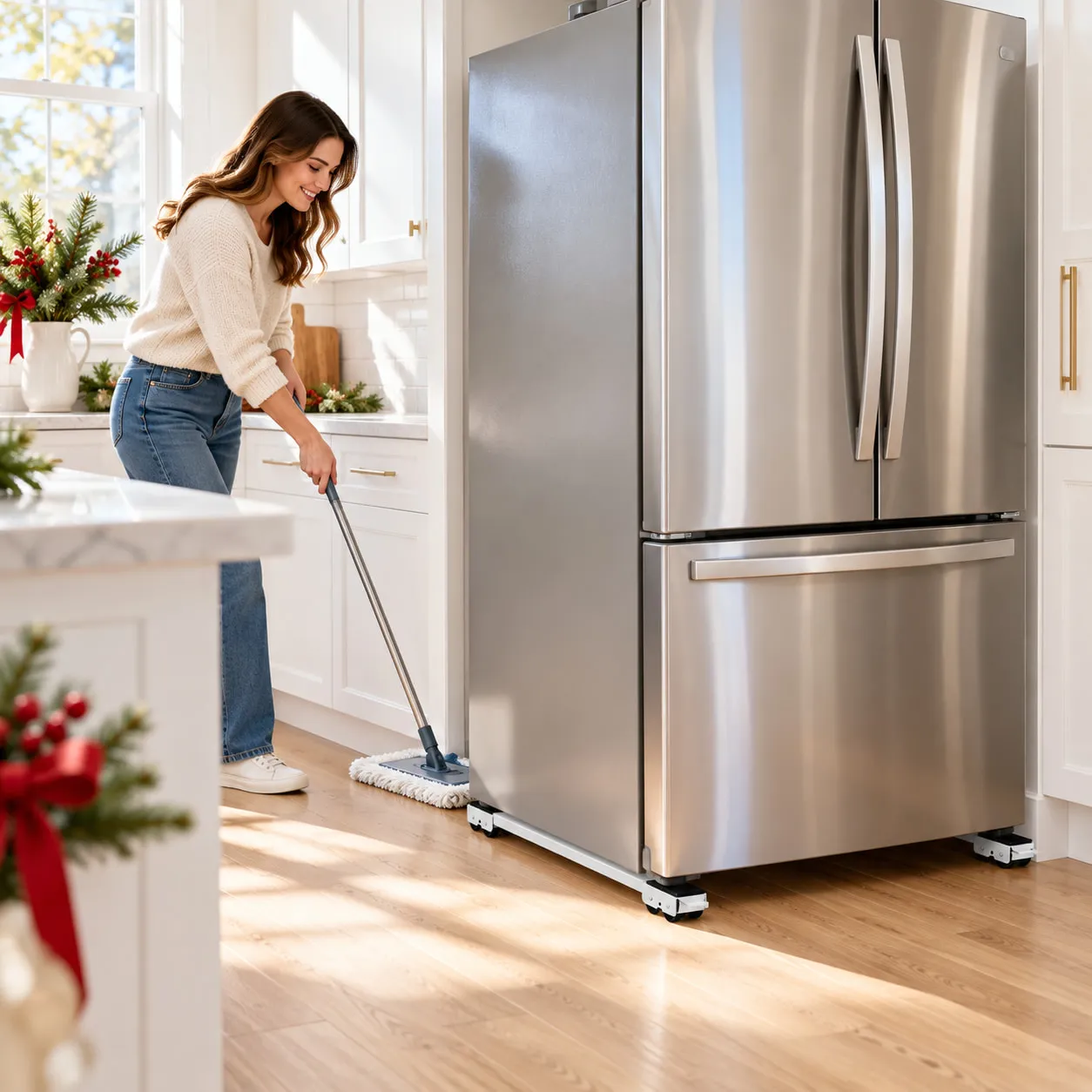 Full-size refrigerator on moving rails in a bright kitchen