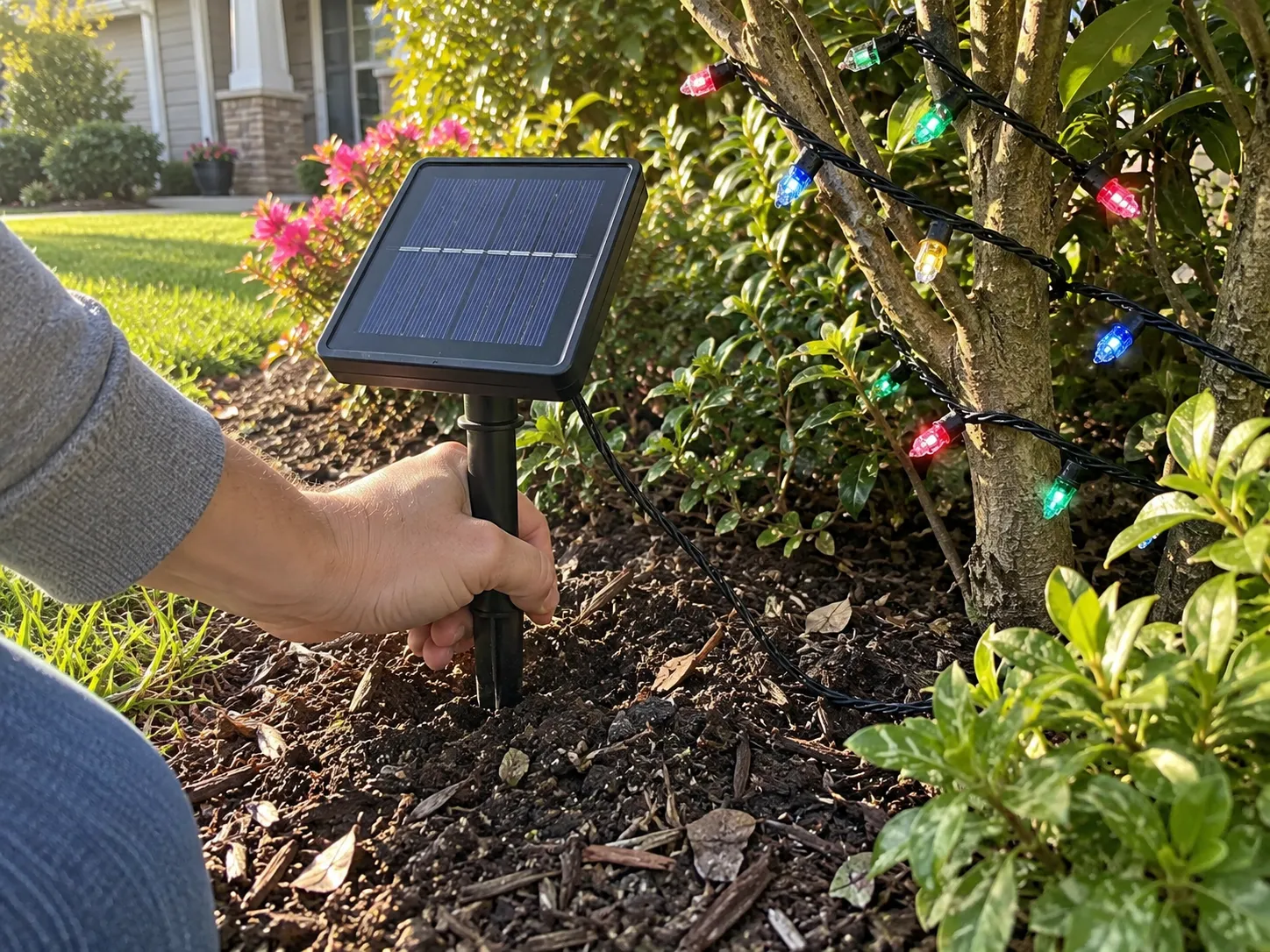 Hand placing the solar panel stake in open garden soil