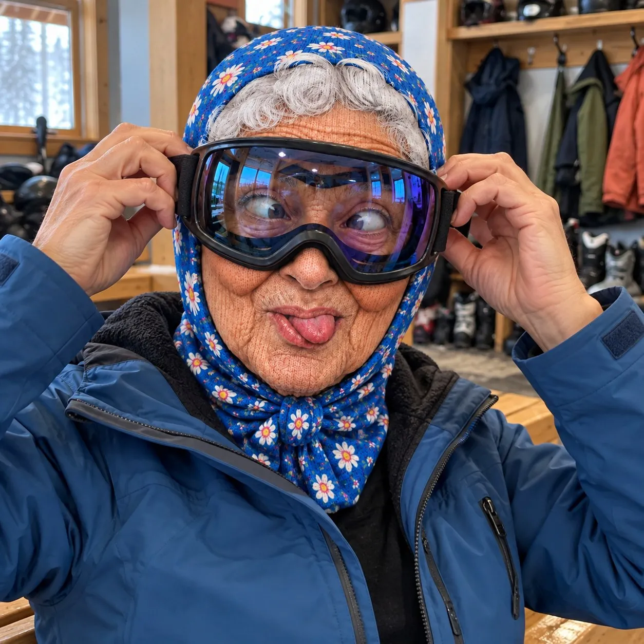Adjusting ski goggles over a blue daisy granny face balaclava
