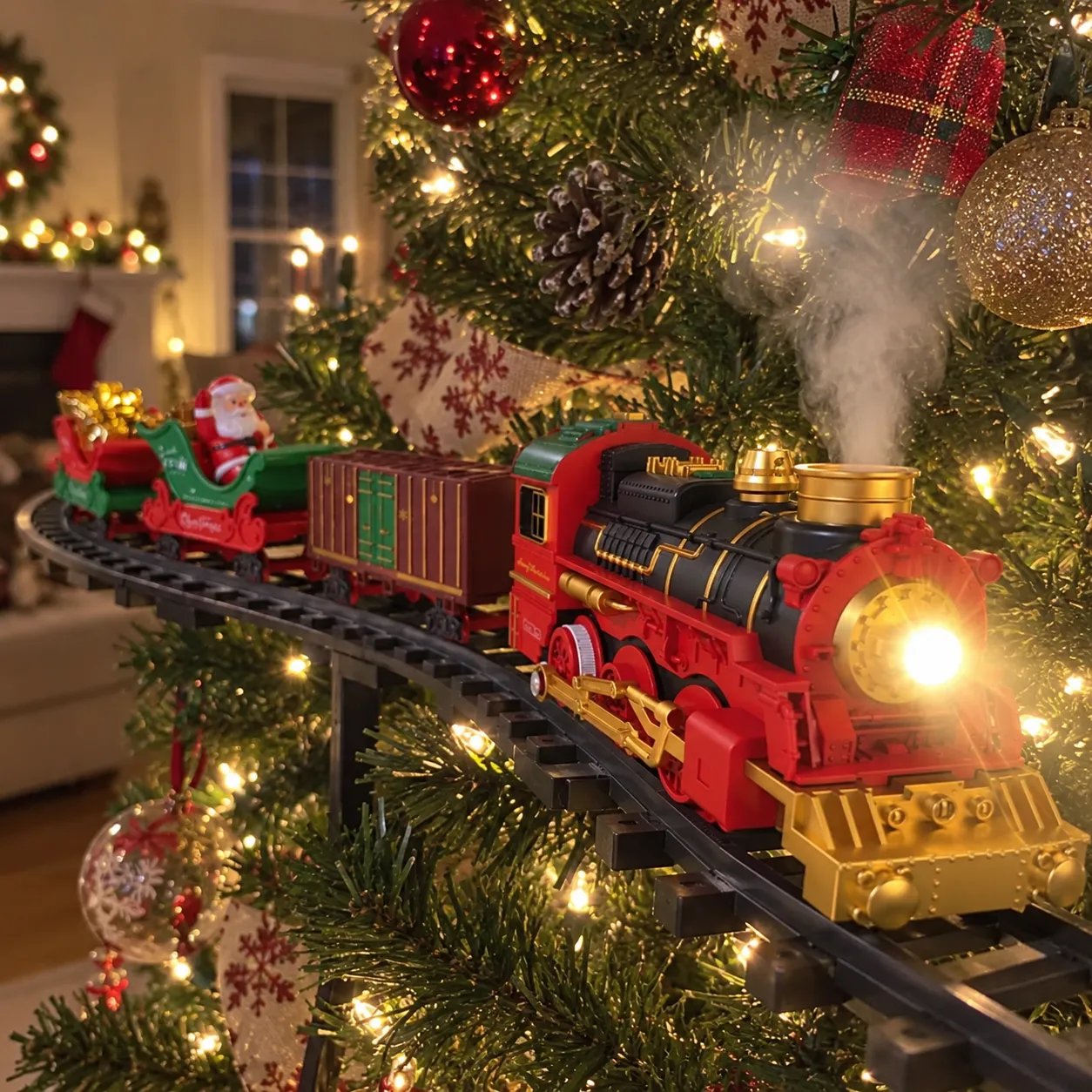 Close-up of the locomotive light and chimney mist effect