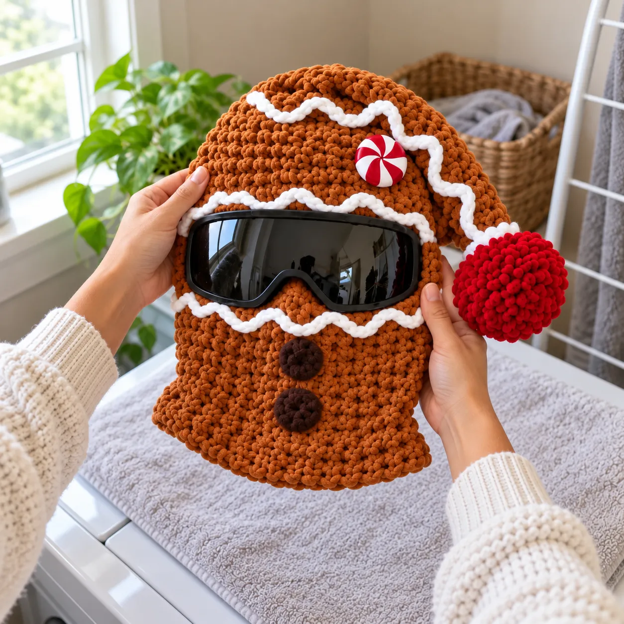 Gingerbread knit mask held upright while its shape is checked after care