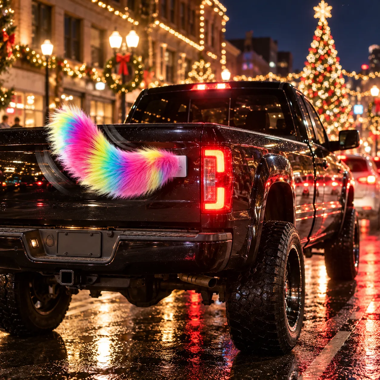 Rainbow wagging car tail at a downtown holiday light display