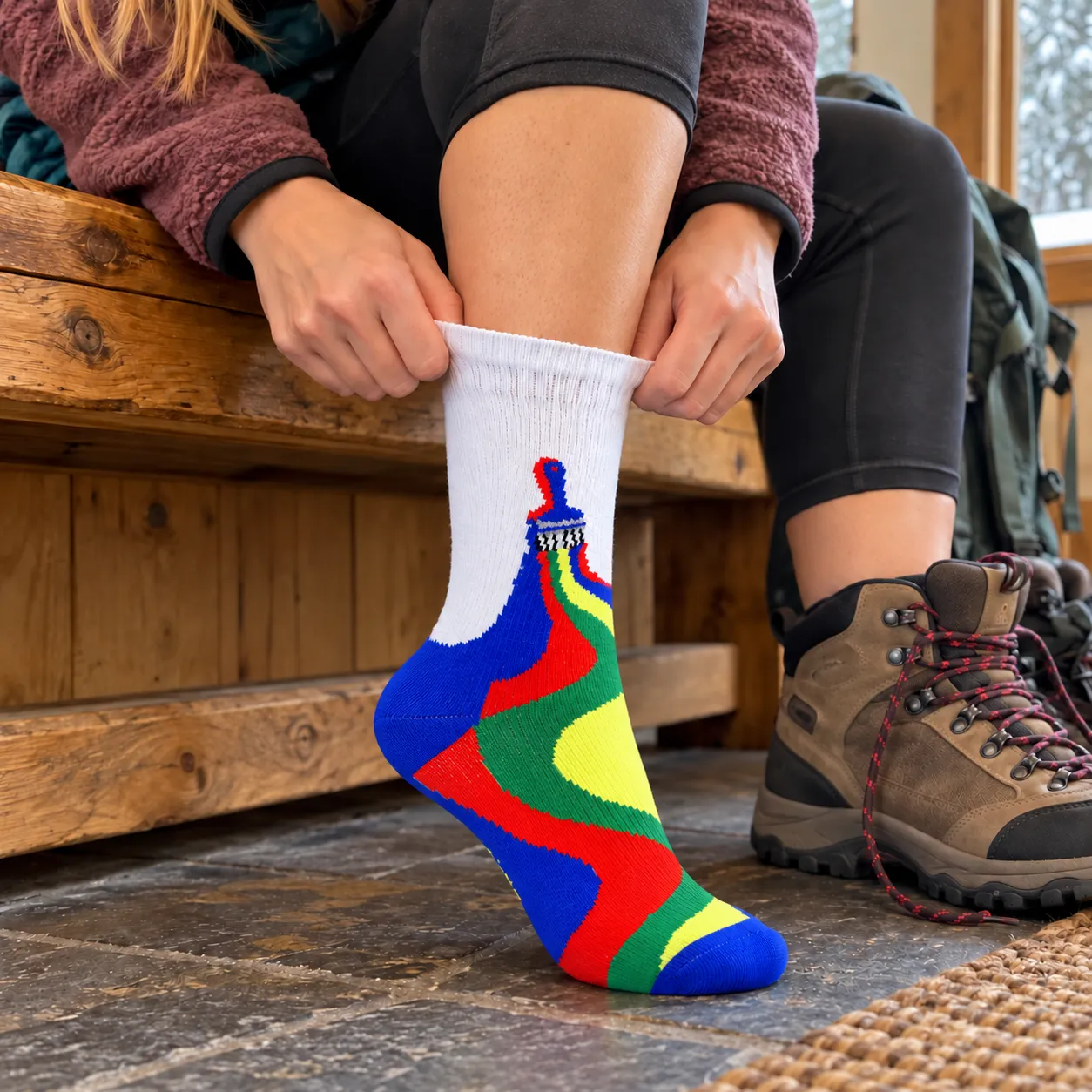 Woman pulling on a rainbow blue waterproof sock before a hike