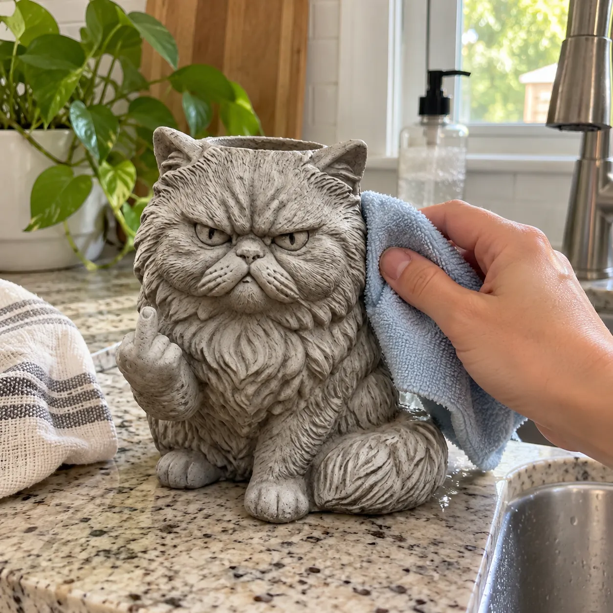 The textured cat planter being wiped clean with a soft cloth