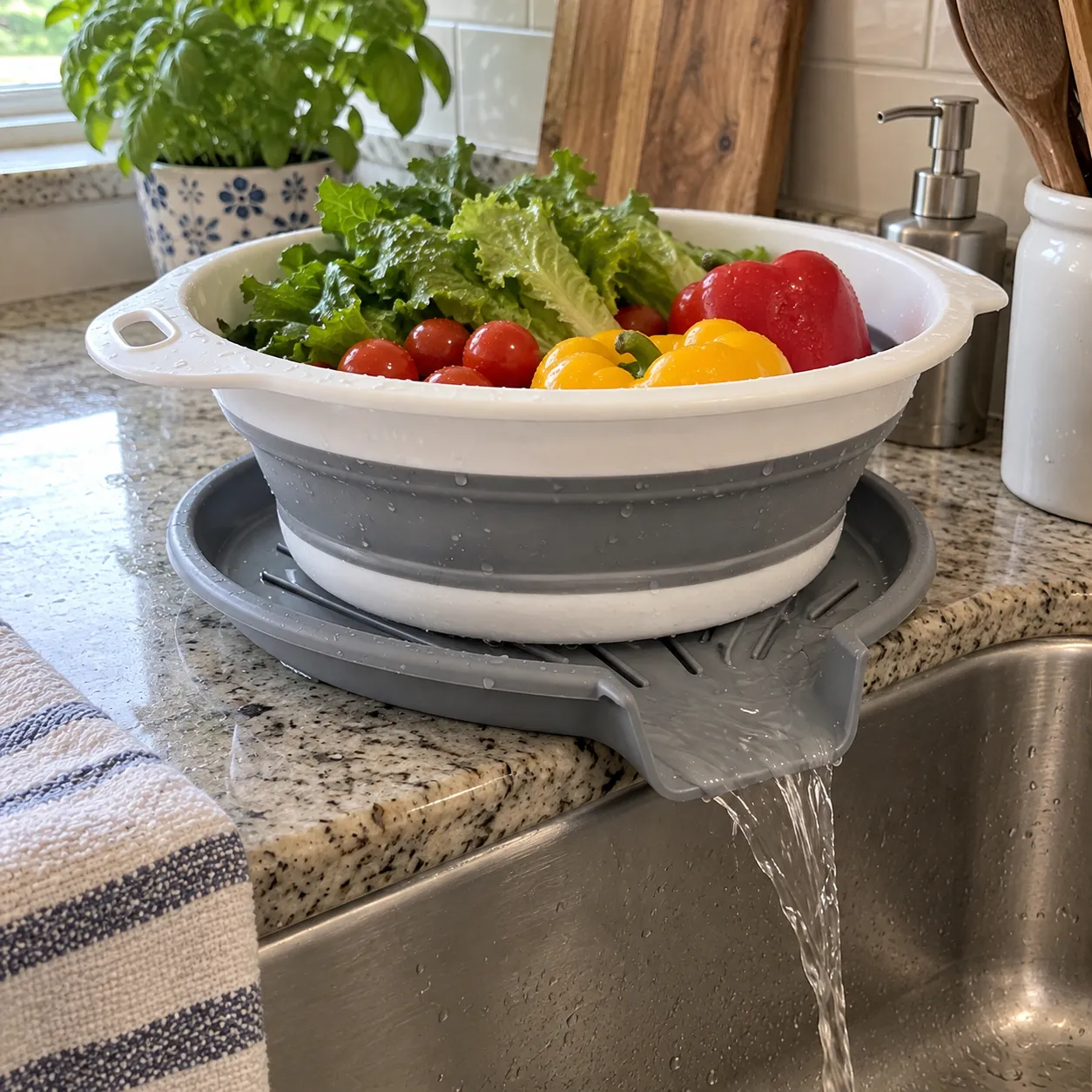 Self-draining base positioned at the counter edge with water flowing into the sink
