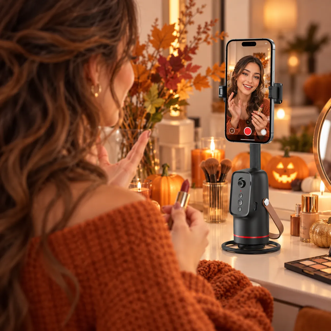 Creator films a hands-free beauty demo with the Q03 phone tracker