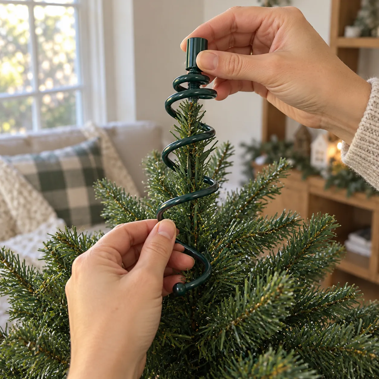 Hands twisting the green spiral holder onto a Christmas tree center leader
