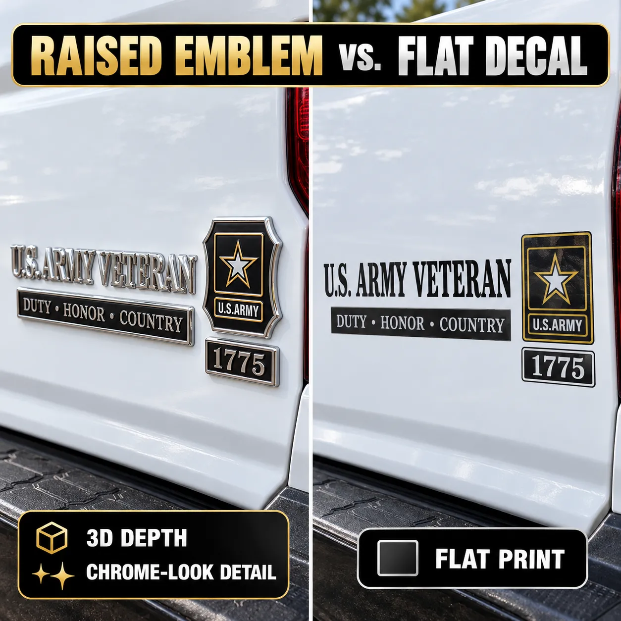 Raised emblem compared with a flat printed decal