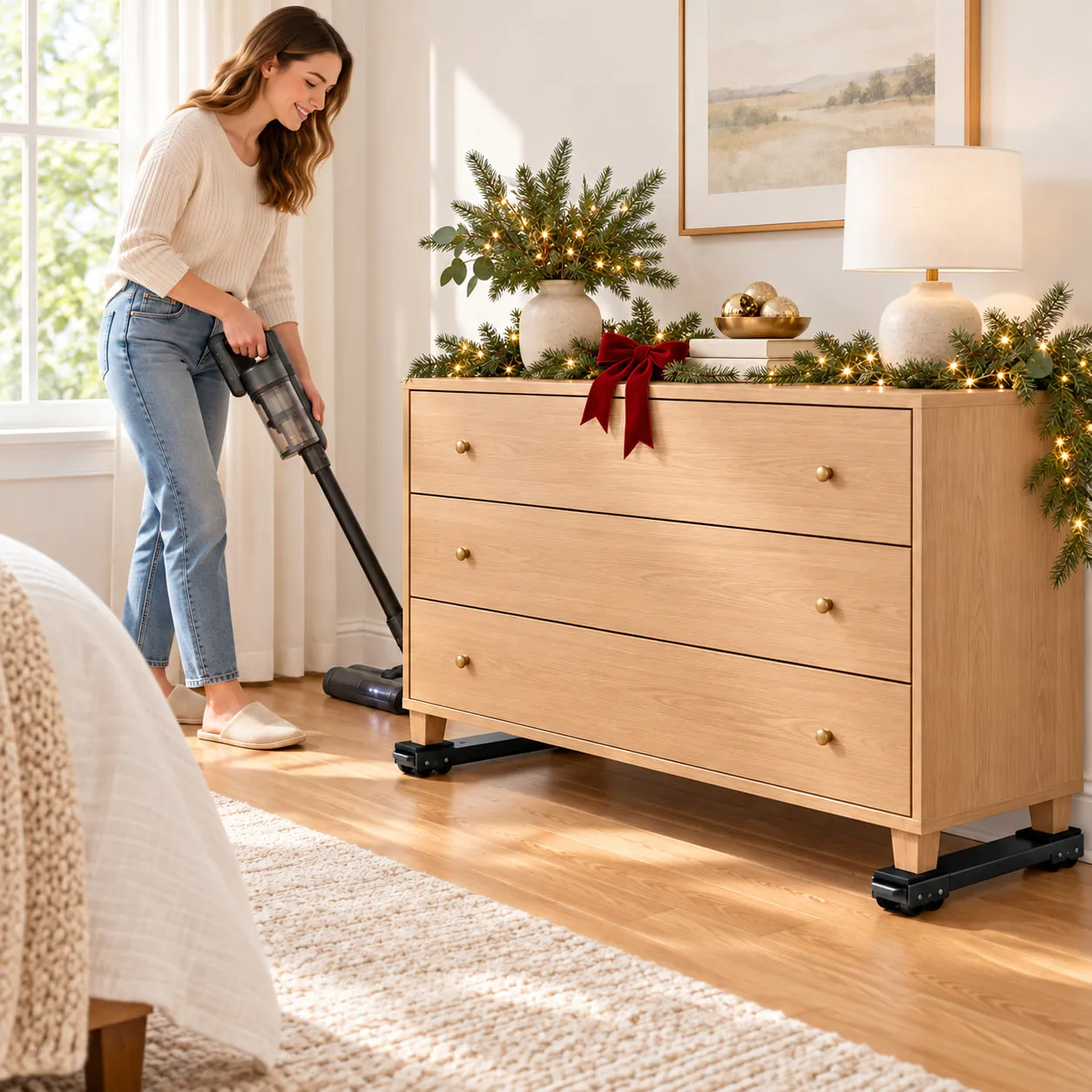 Normal waist-high dresser supported by black moving rails