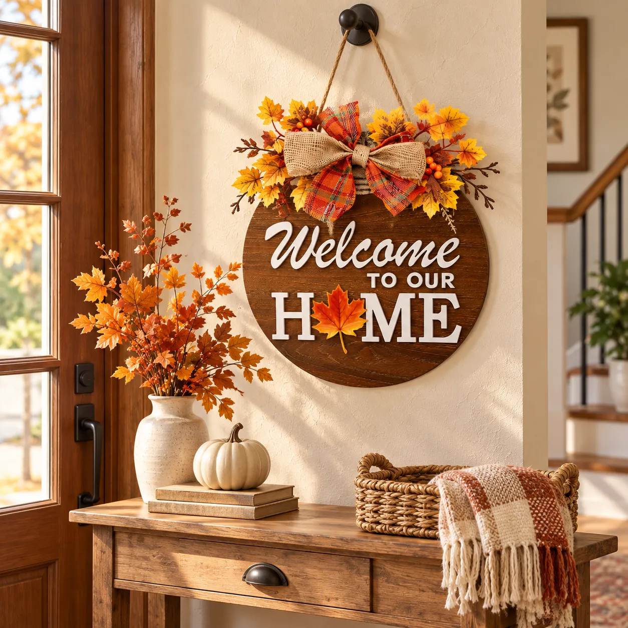 Wooden welcome sign bringing seasonal warmth to an indoor foyer