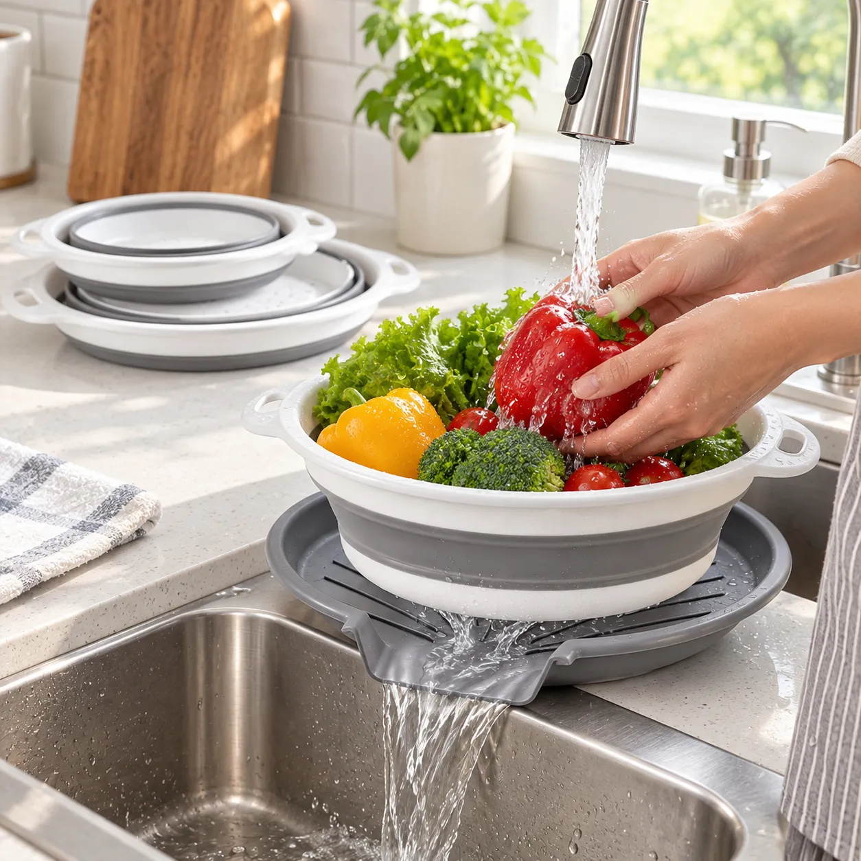 Gray and white colander set rinsing vegetables over the self-draining base