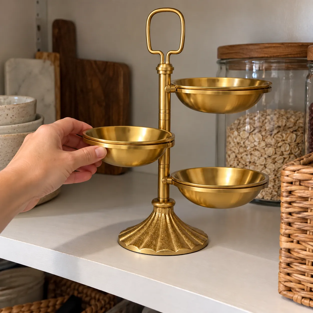 Hand rotating the middle brass bowl around its own pivot, with all three bowls clearly separated
