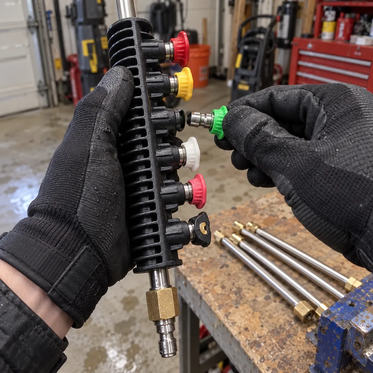 Gloved hands choosing a color-coded spray tip from the holder
