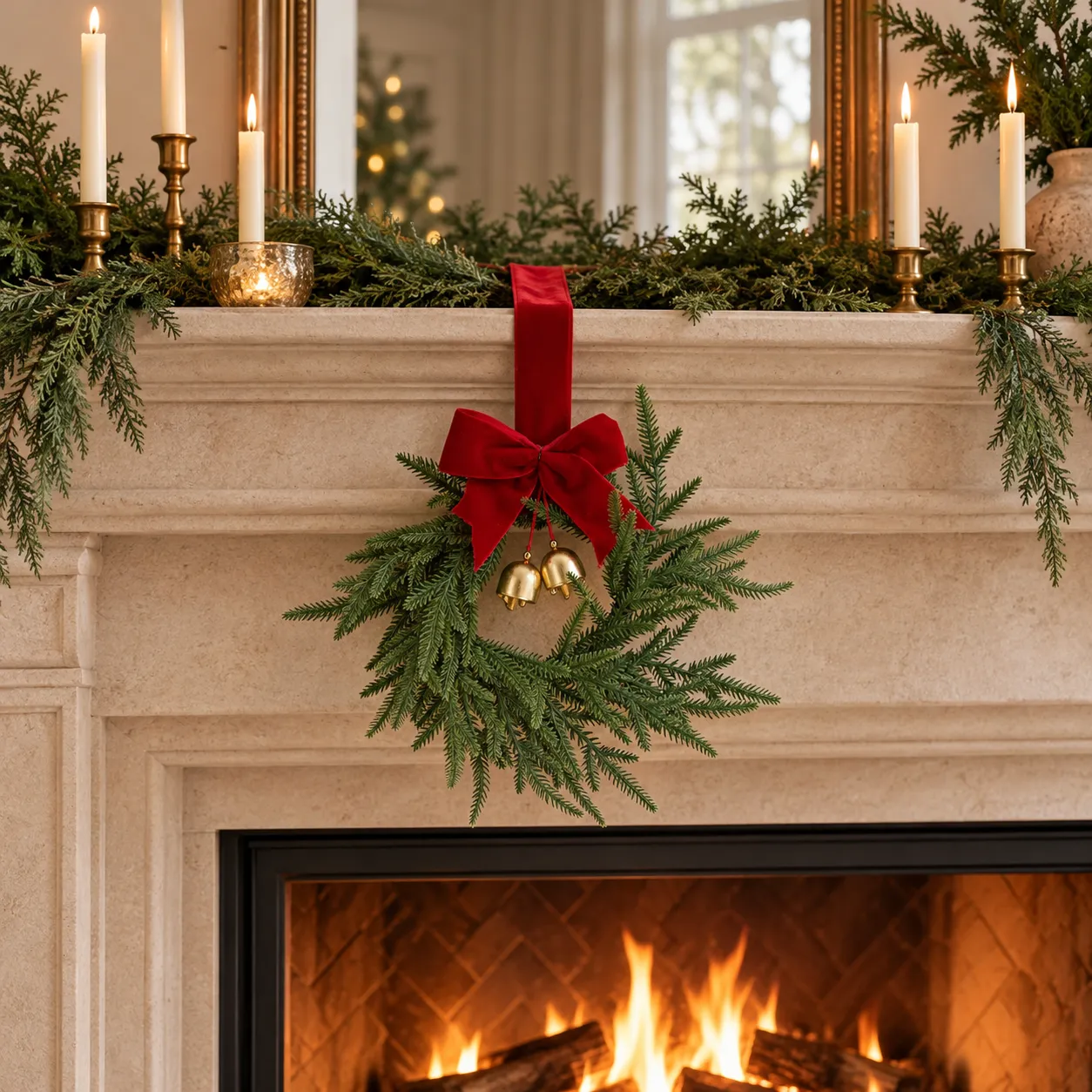 Norfolk pine bell wreath on a Christmas mantel
