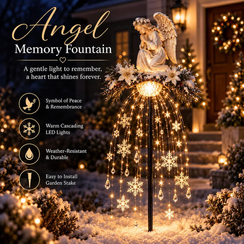 Cardinal & Angel Memory Fountain Lighted Christmas Garden Stake