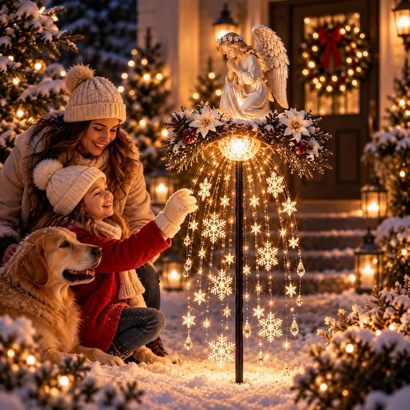 Angel garden stake glowing in a family Christmas scene