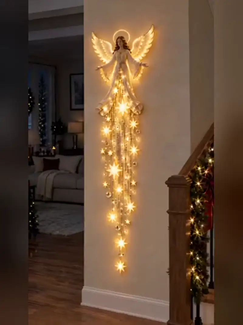 Angel starfall wall light glowing before and after hanging