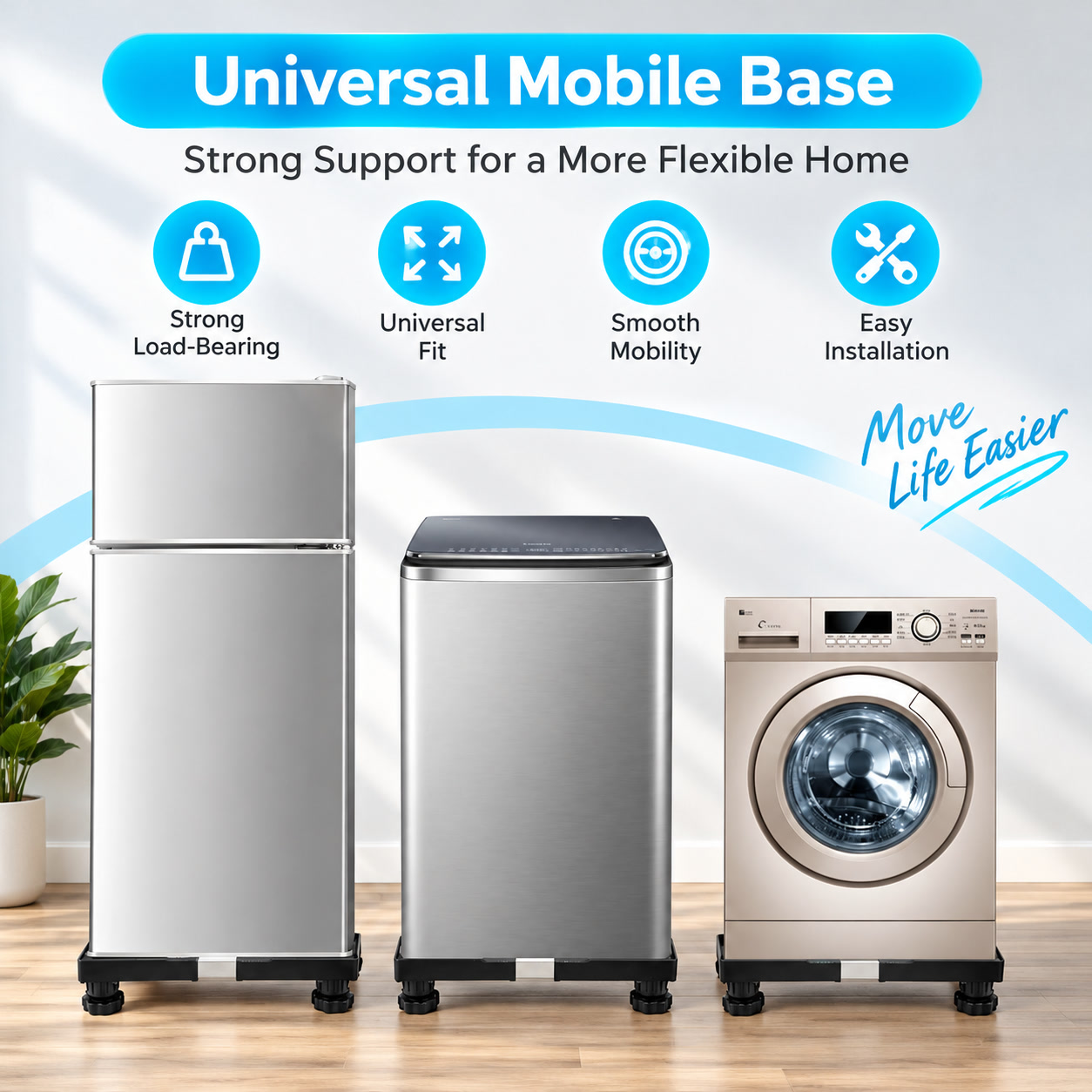 Adjustable base supports refrigerators washers and compact appliances