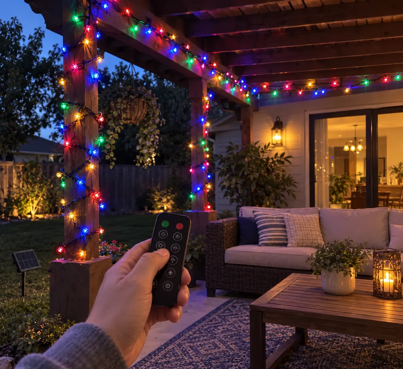 Hand using the remote to control patio string lights