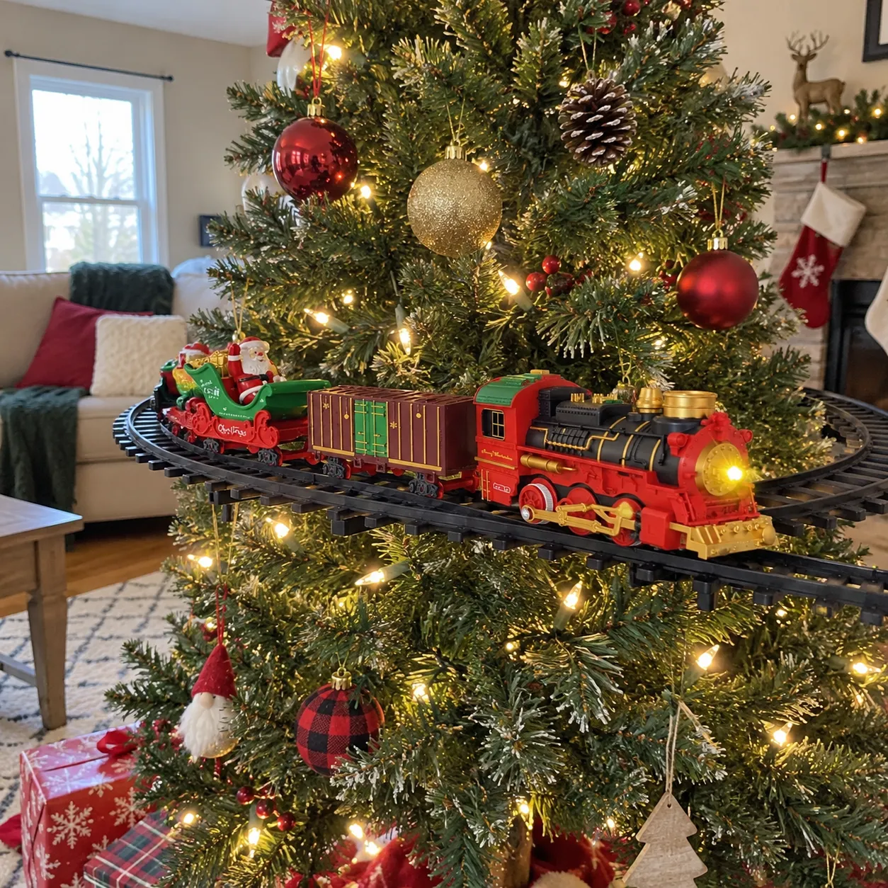 Close-up showing the train track positioned around the middle of a Christmas tree
