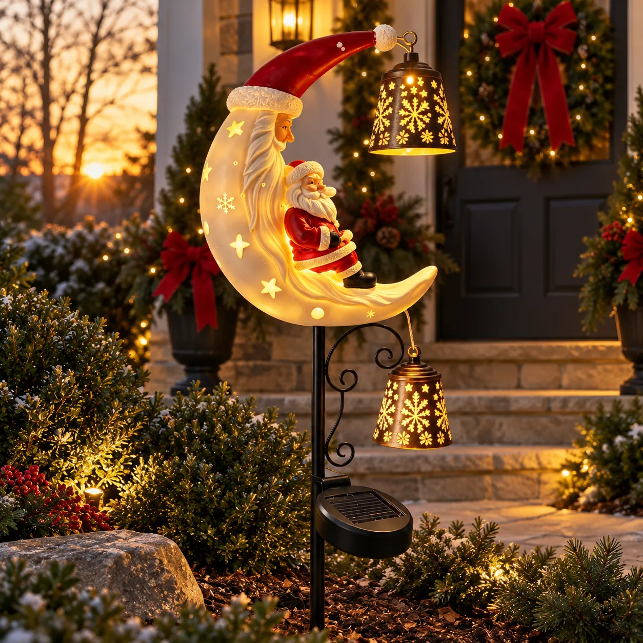 Santa moon double-bell garden light in a landscaped front yard at golden hour