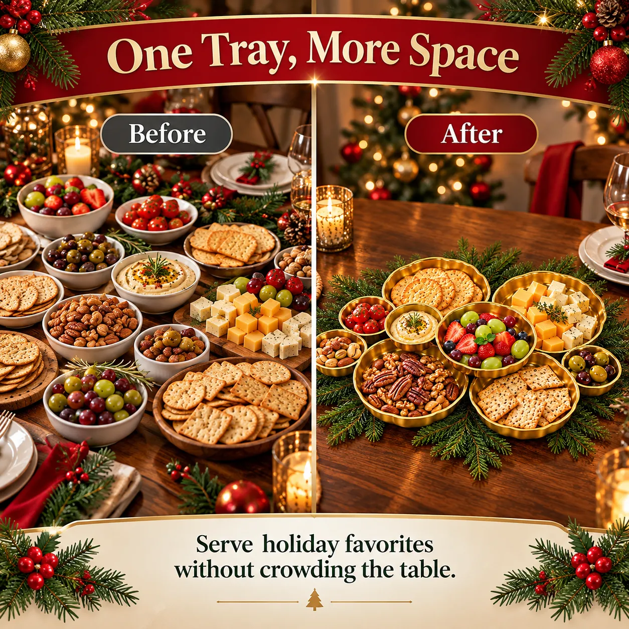 Comparison between the connected golden nine-bowl centerpiece and separate mismatched bowls