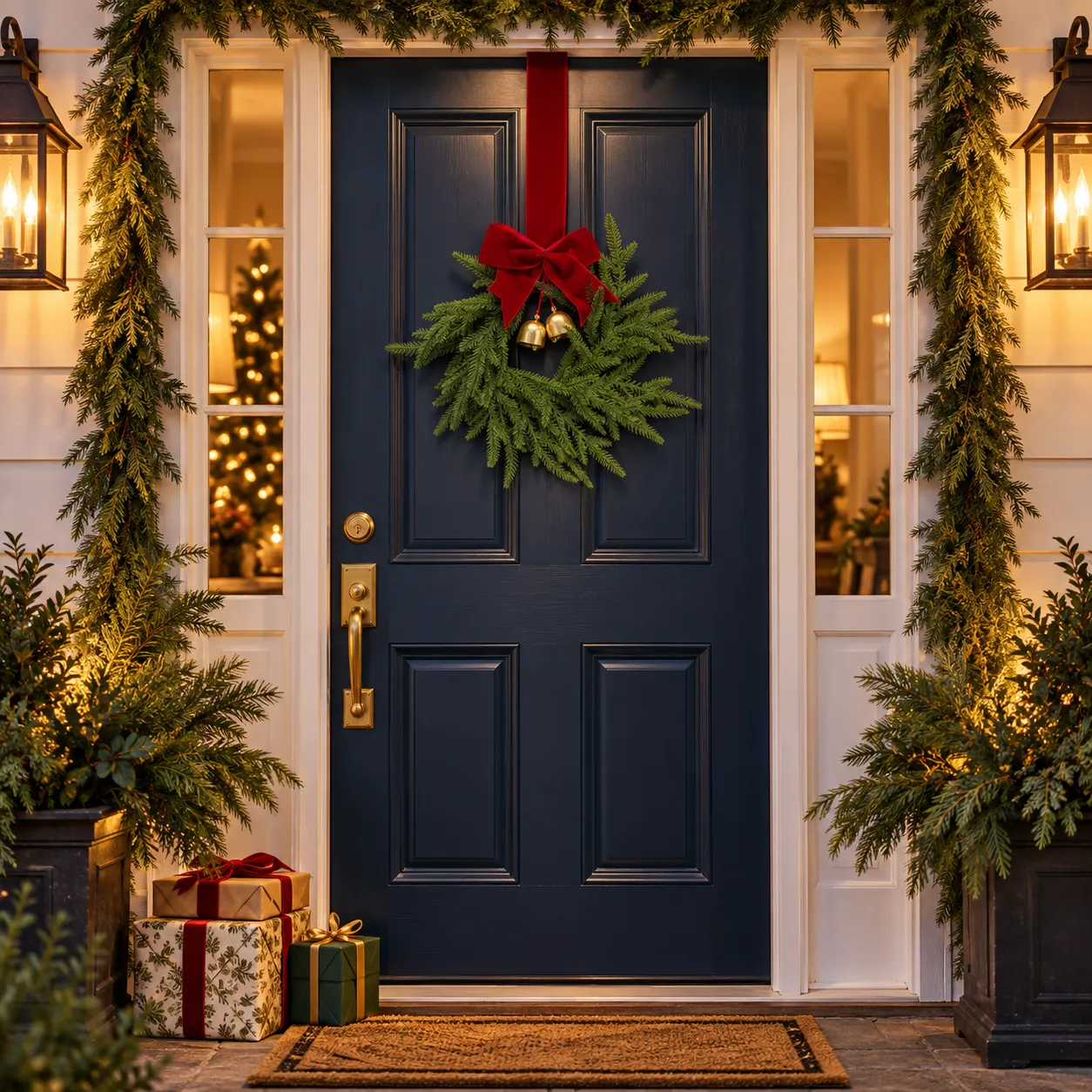 Norfolk pine bell wreath on a Christmas entry door