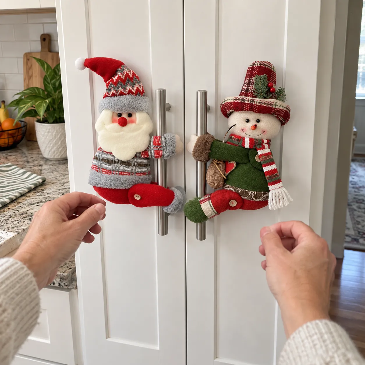 Weihnachtsmann und Schneemann an Vorratskammergriffen