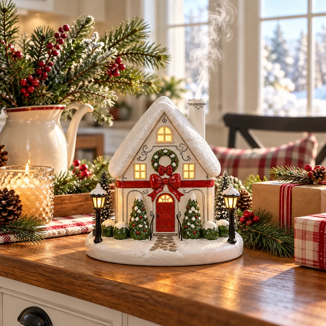 Snowdrift Cottage diffuser in a bright holiday breakfast nook