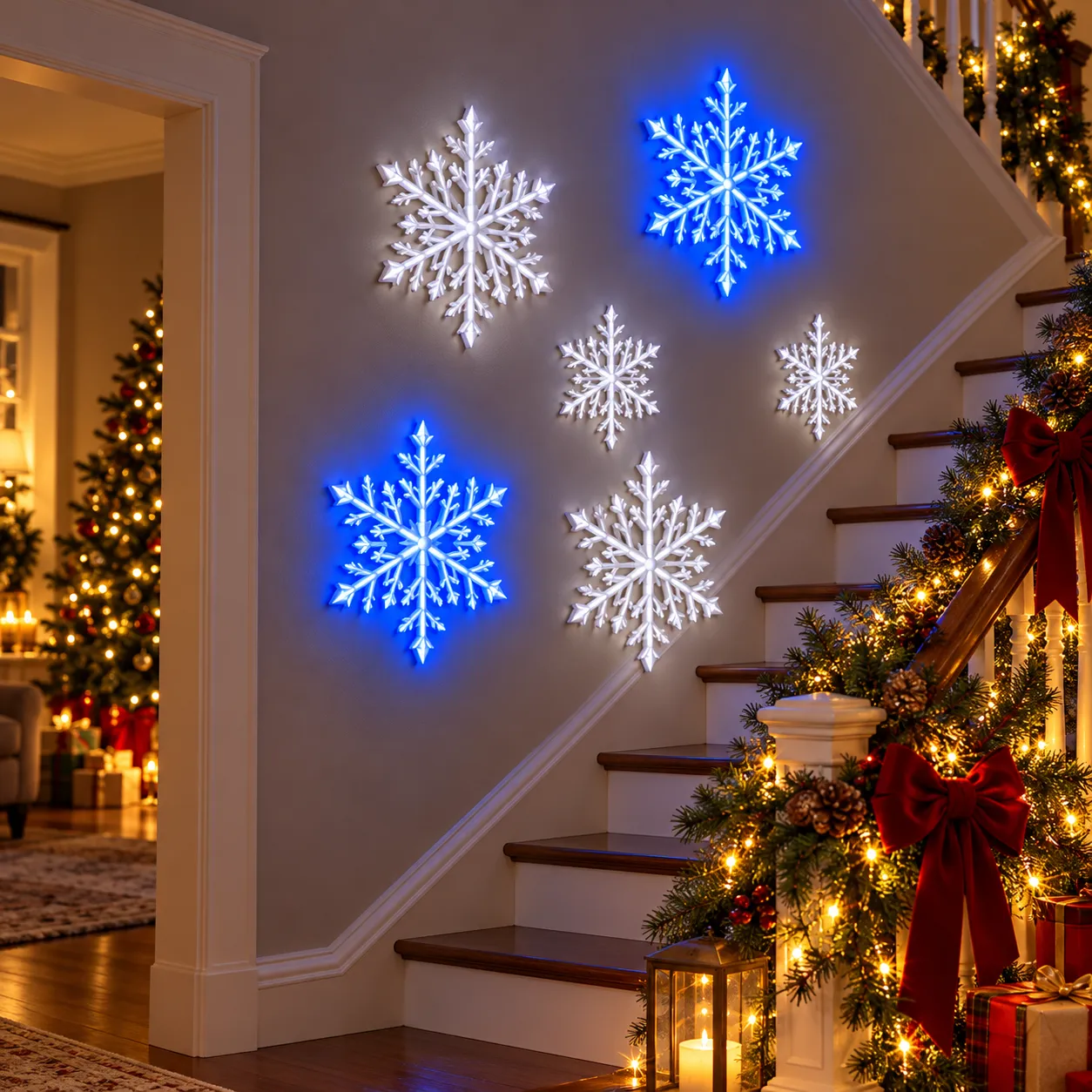 Six blue and white LED snowflakes on a garland-decorated stair wall