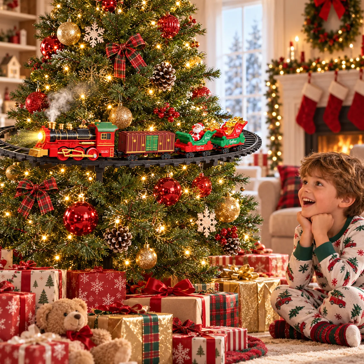 Child watching the hanging train on Christmas morning