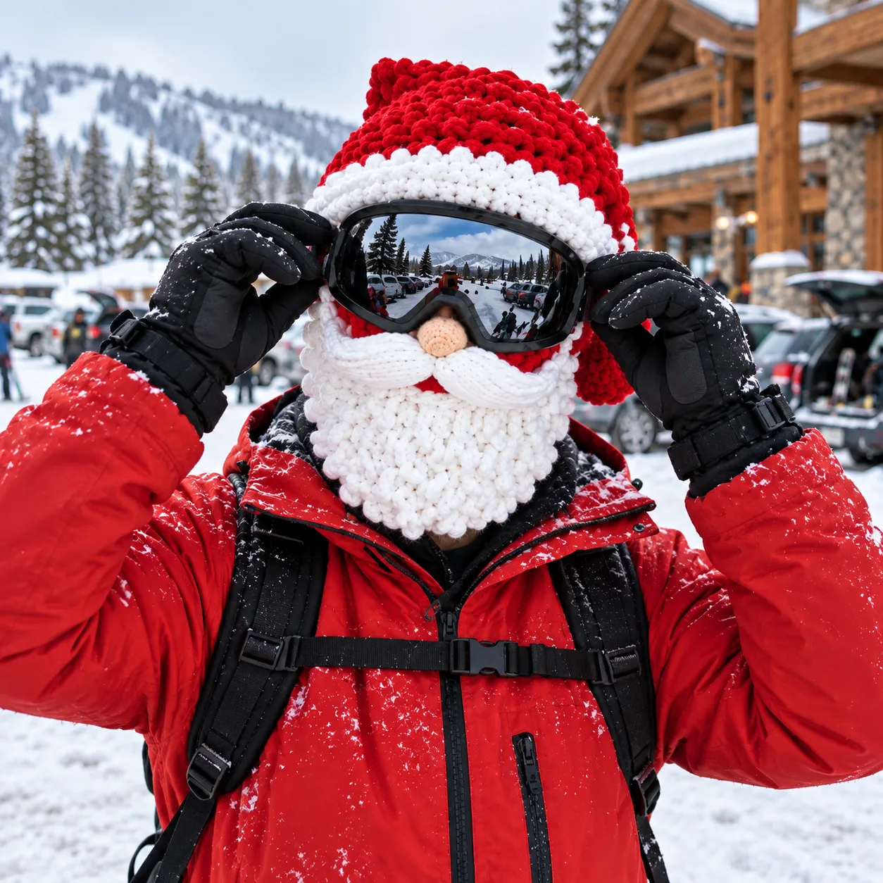 Santa knit mask worn while adjusting ski goggles