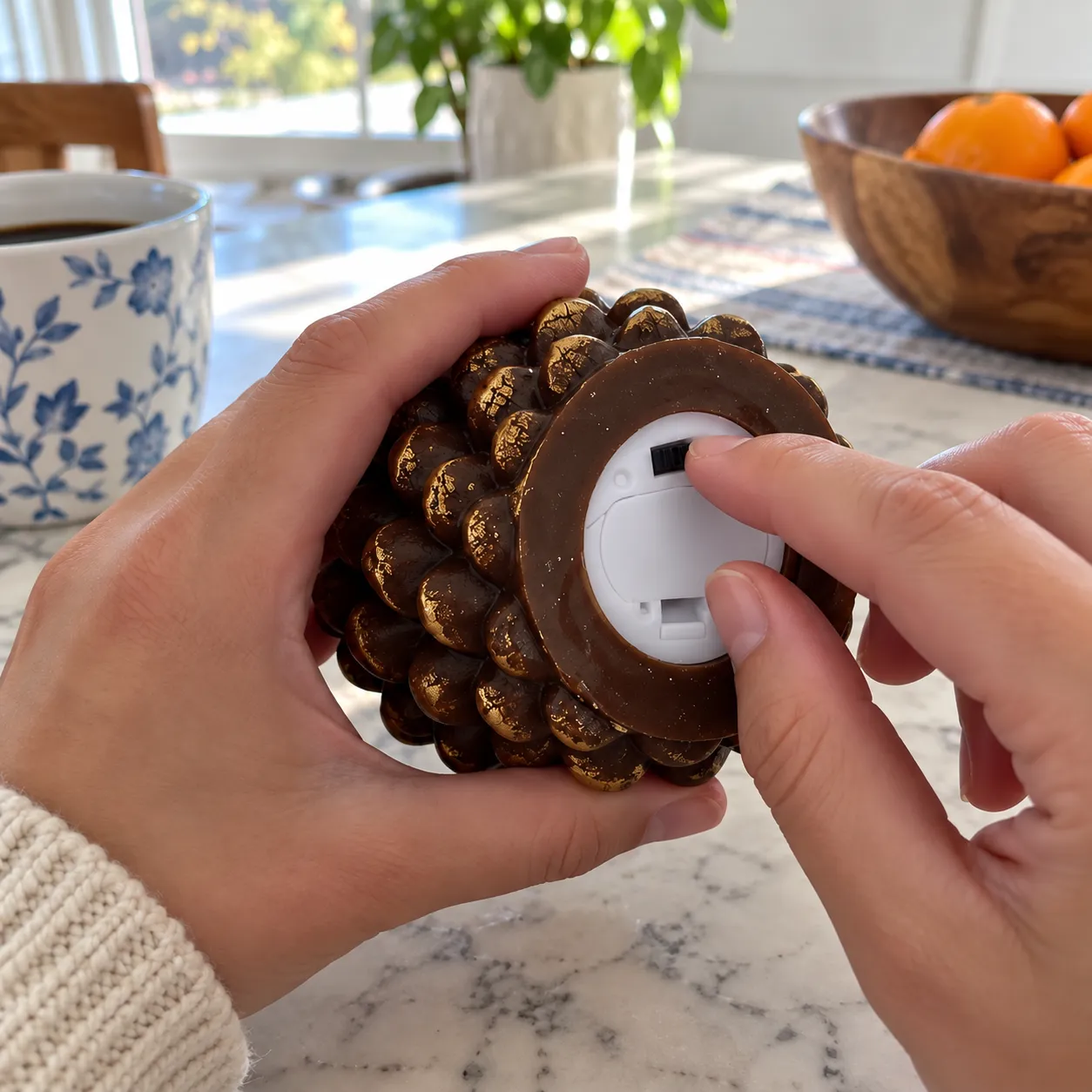 Hands using the bottom switch on a pinecone candle light