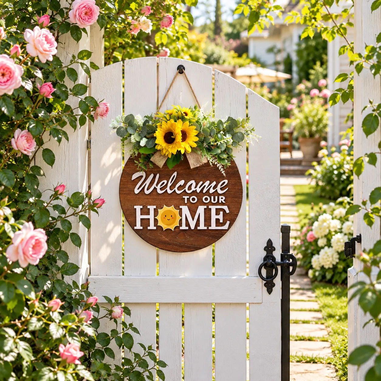 Wooden welcome sign marking a bright garden entrance