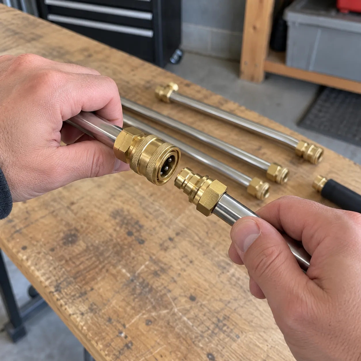 Hands connecting pressure washer extension wand sections